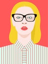 elegant blonde woman in glasses with transparent lenses in a stylish striped shirt Confident, beautiful and fashionable girl